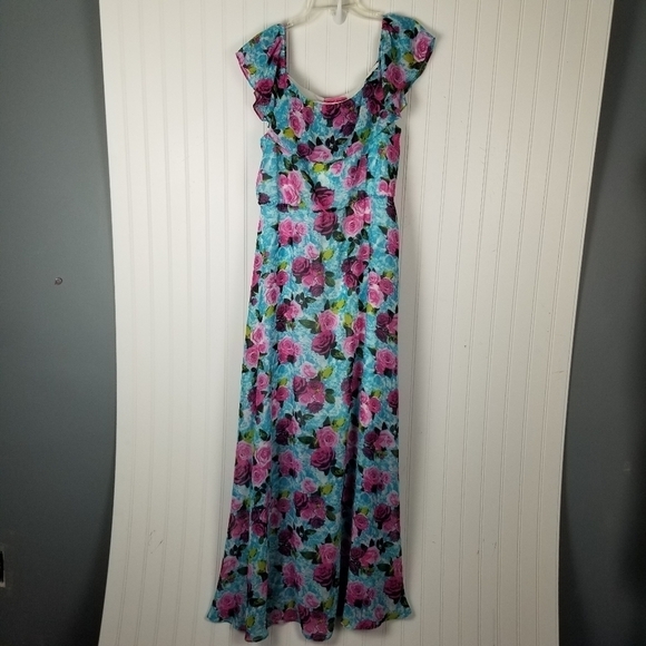 Betsey Johnson Off The Shoulder Floral Maxi Dress Size 14 Blue Roses Multicolor - Picture 2 of 12